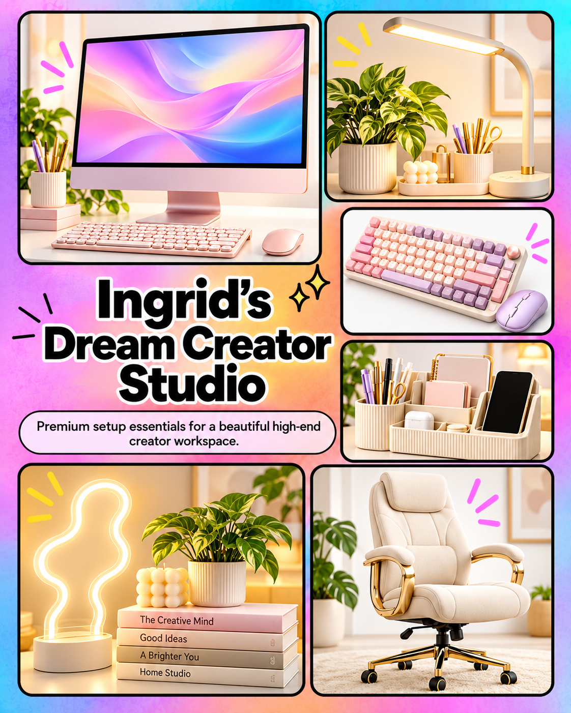 Ingrid’s Dream Creator Studio: a colorful workspace collage with a computer, lighting, keyboard, desk organizers, and chair