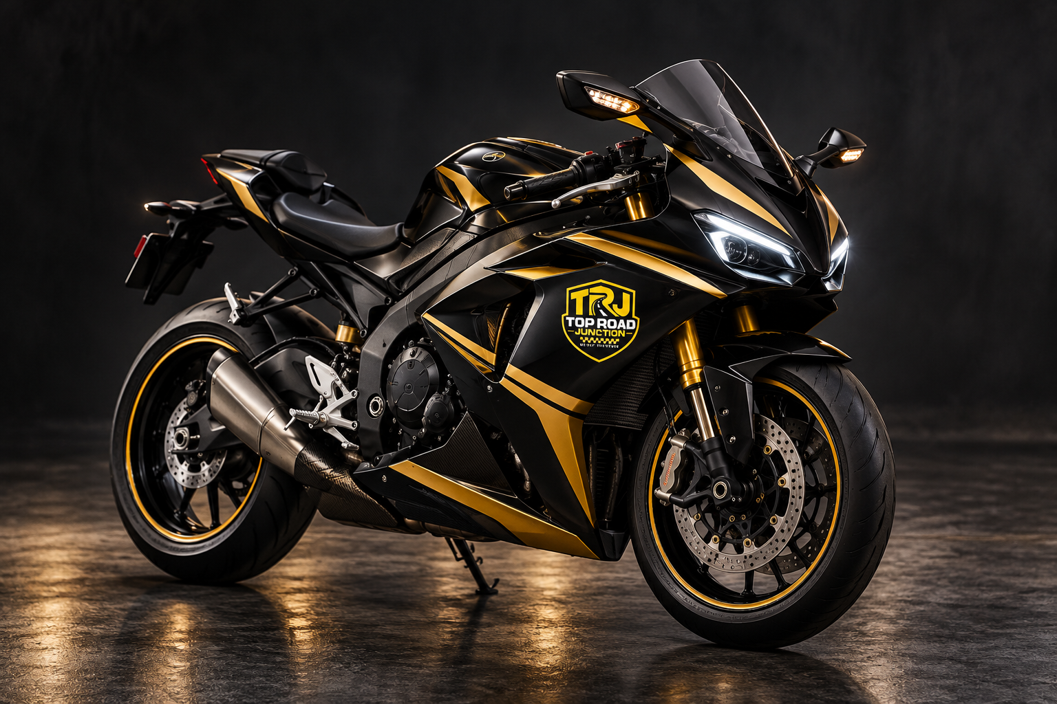 Black-and-gold Top Road Junction sport motorbike